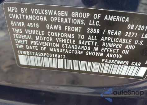 2015 Volkswagen Passat 1.8T Se из США, поврежденный, VIN 1VWBT7A33FC016912